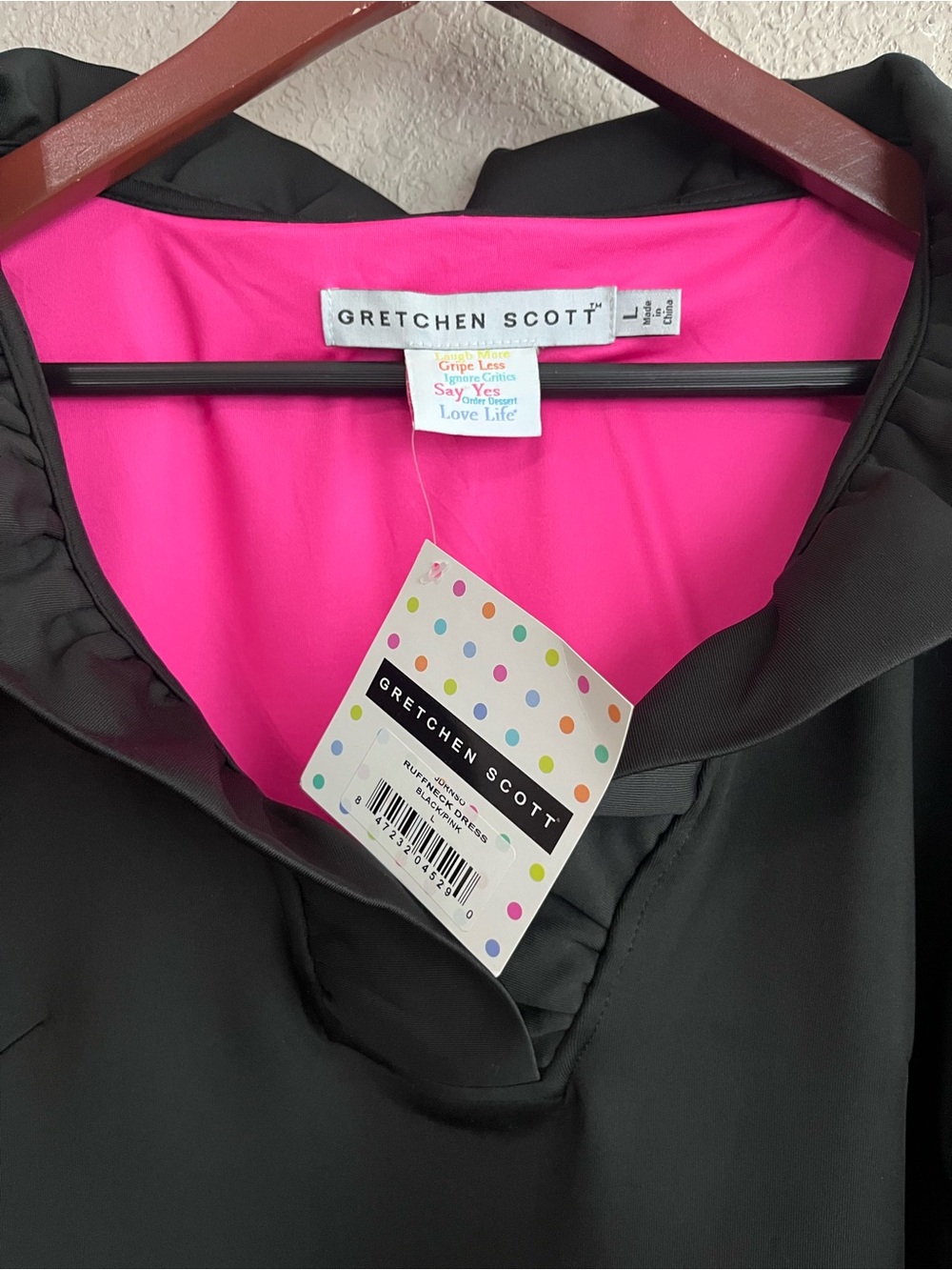 Gretchen Scott Black & Pink Ruffle Neck Jersey Dress - Size Large NWT - Picture 8 of 13